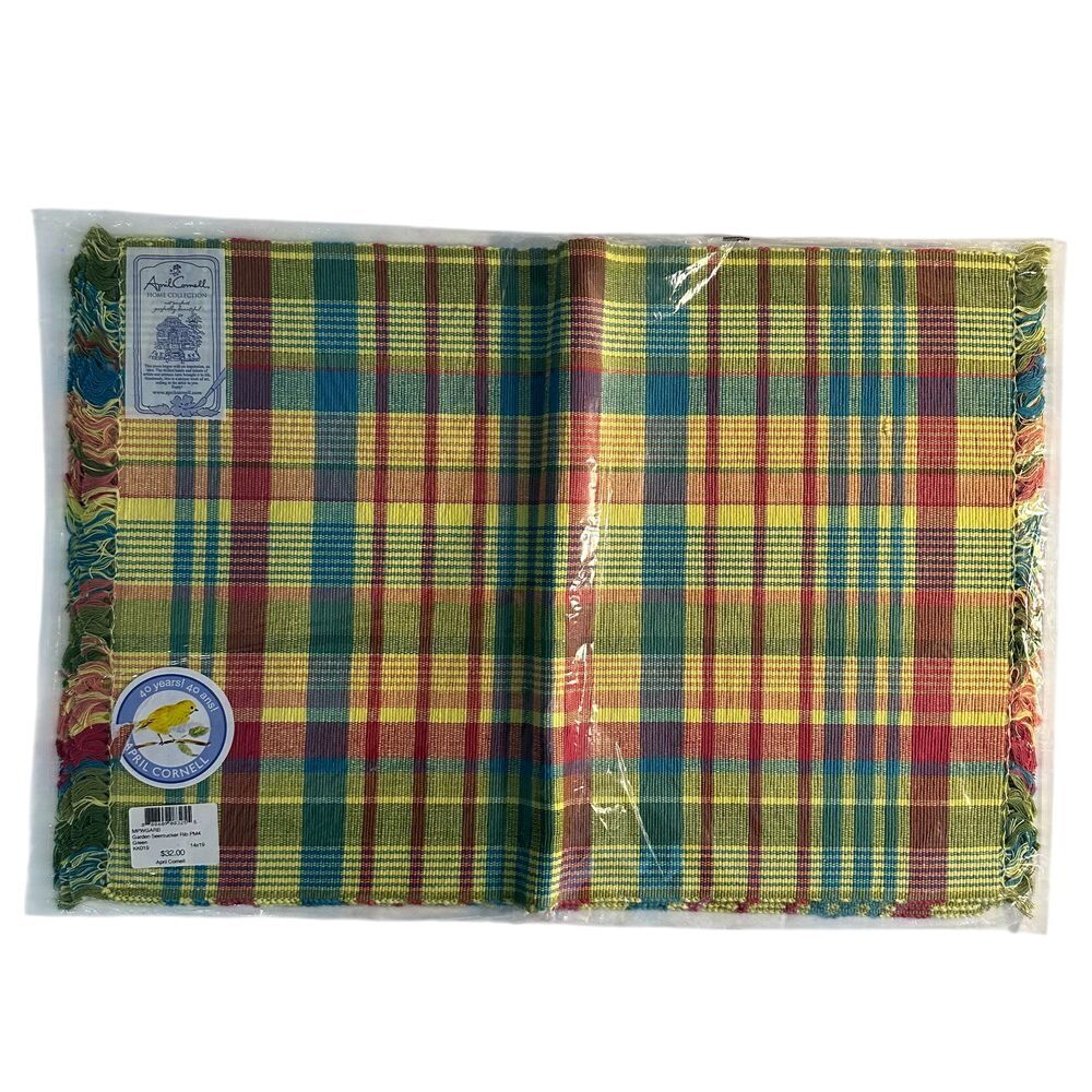 April‎ Cornell Garden Seersucker Plaid Placemat Set of 4 Fringe 14x19 Inches NEW